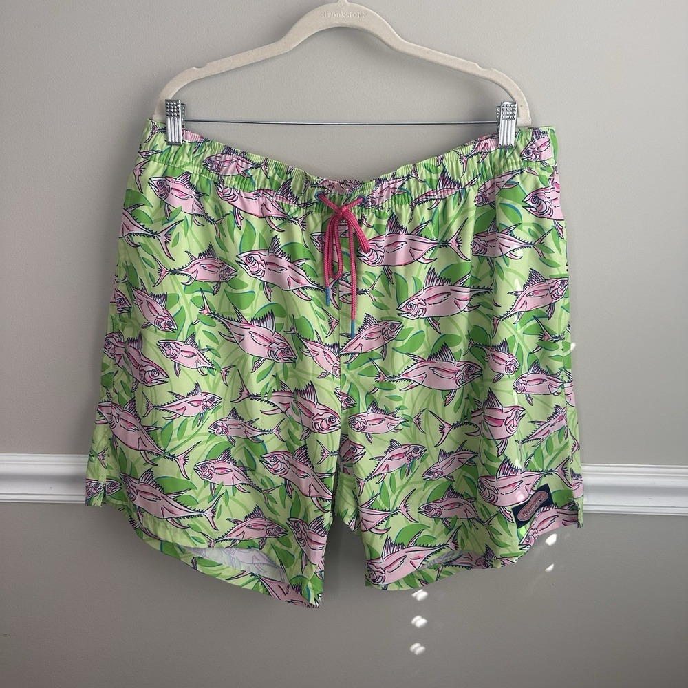 Vineyard Vines Mens XB Big & Tall Fish Print Swim Shorts Green Pink Beach Resort